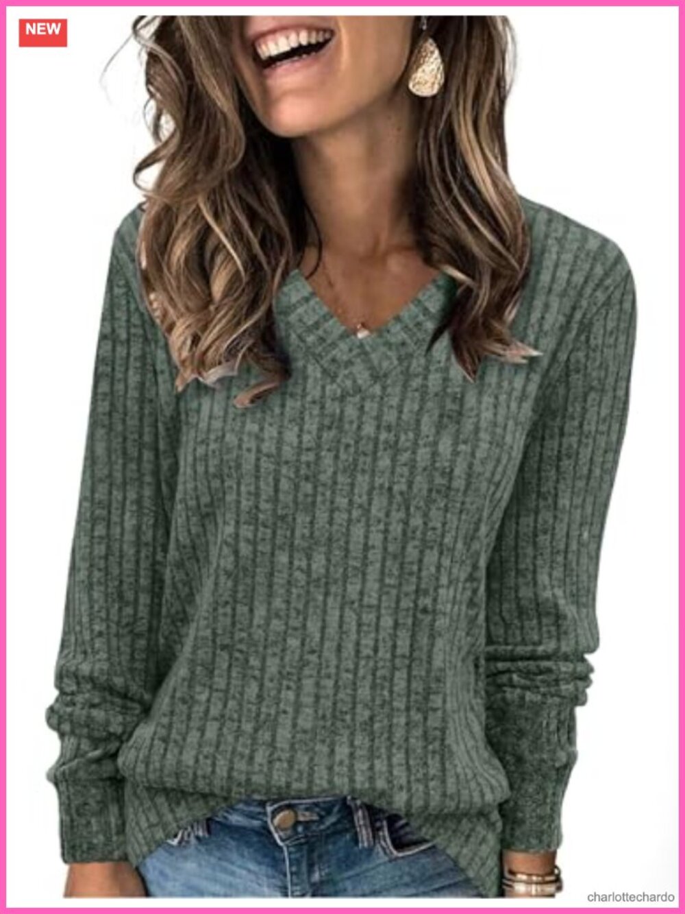 Loose Fit V-Neck Long Sleeve Sweater Tunic Lightweight Knit Pullover for Women